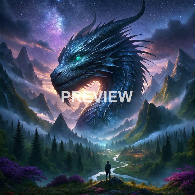 A large, blue, dragon-like creature with glowing green eyes emerges from a mountainous landscape under a starry sky, with a person standing in the foreground observing it.